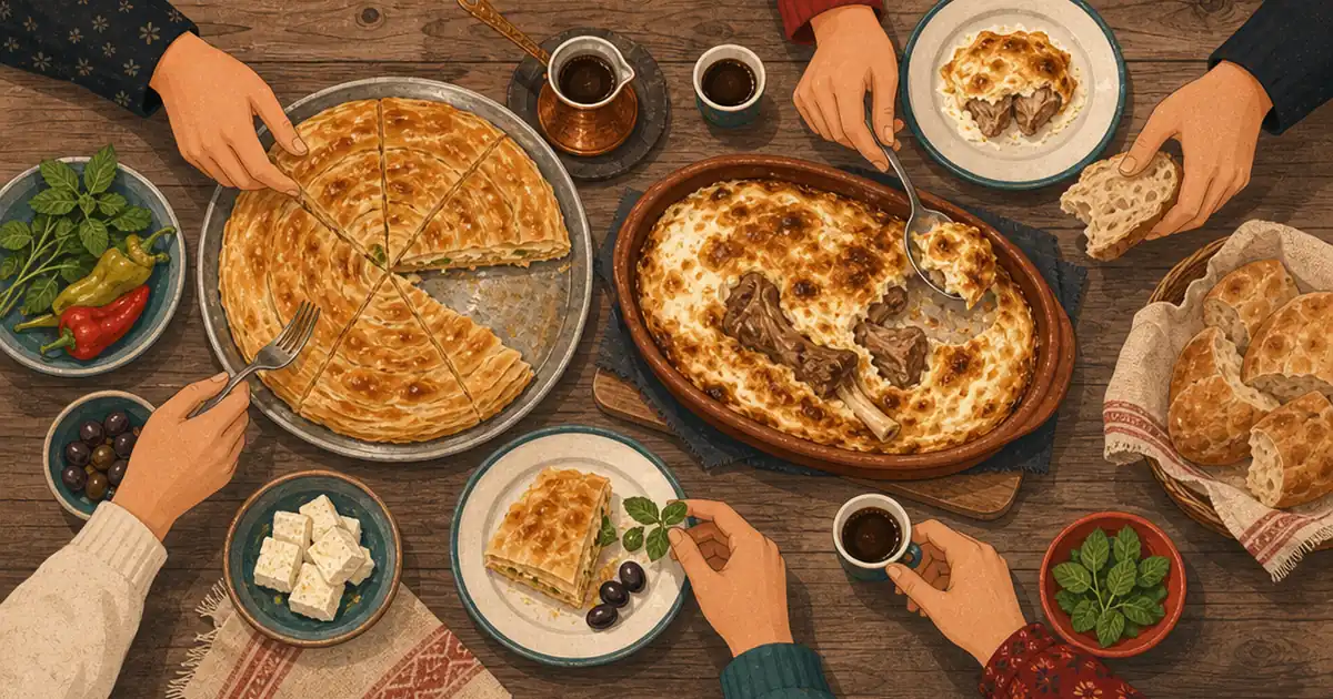 Tisch mit albanischen Gerichten: Pastete, Auflauf in Tonschale, Kaffeekännchen, Oliven und Schafskäse