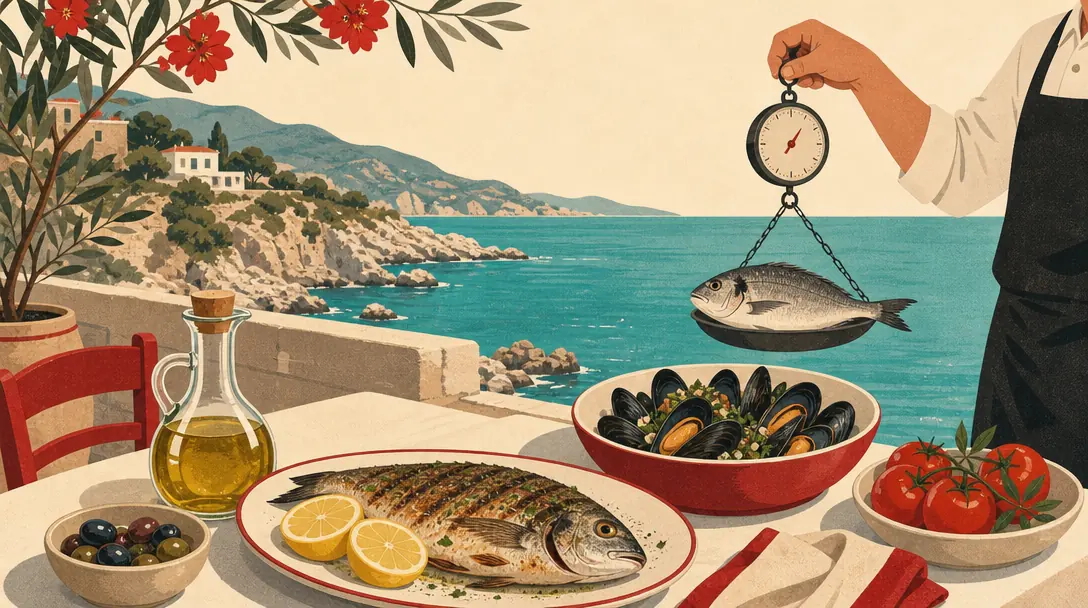 An der Küste sucht man den Fisch im Ganzen aus und lässt ihn vorher wiegen. Terrasse am Meer: gegrillter Fisch mit Zitrone, Muscheln mit Knoblauch, Olivenöl und eine türkisblaue Bucht